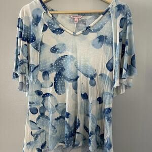 Juicy Couture blue and white cactus print top with rhinestone neckline